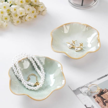 2PCS Lotus Leaf Shape Ring Holder Dish, Small Key Bowl, Ceramic Trinket Tray Jewelry Dish Organizing Necklace Earrings for Mom Friend Sister, All Jewelries Are NOT Included, Light Green.…