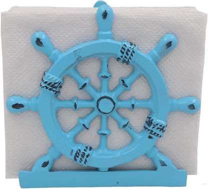 THDC Nautical Napkin Holder, Lunch, Dinner, Nautical Collection Napkin Holder, Made of Metal (Wheel Distressed Blue)