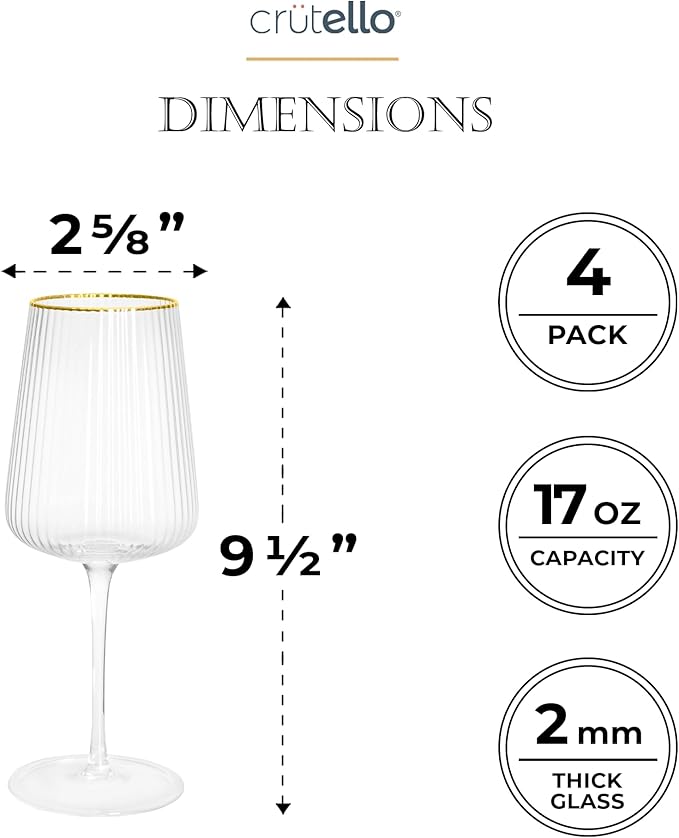 Crutello Modern Wine Glasses - 17 oz Unique Fluted Glassware with Vintage Ribbed Glassware Texture and Gold Rim, Art Deco Red or Fancy White Wine Glasses - Set of 4