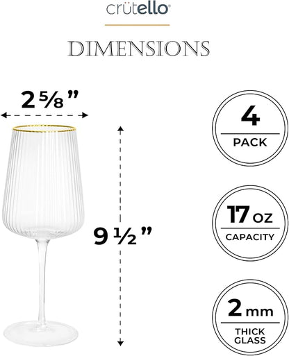 Crutello Modern Wine Glasses - 17 oz Unique Fluted Glassware with Vintage Ribbed Glassware Texture and Gold Rim, Art Deco Red or Fancy White Wine Glasses - Set of 4