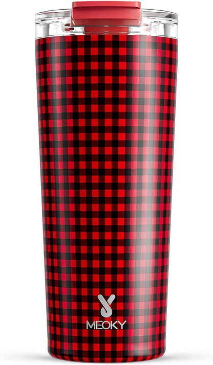 Meoky 24 oz Insulated Travel Coffee Mug: Leak Proof Lid, Crimson Plaid | by MEOKY