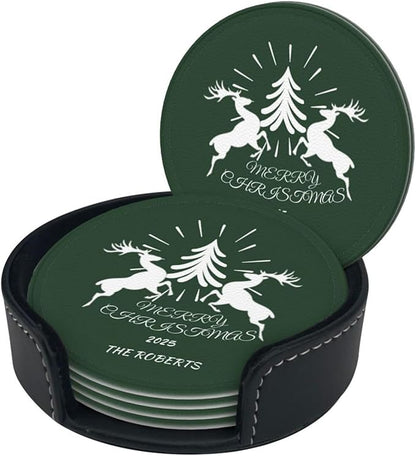 Customize Coasters for Drinks, Personalized Leather Coasters Set of 6, Custom Costers for Women Men, Christmas Party Favor Coaster, Posavasos de Cuero para reuniones