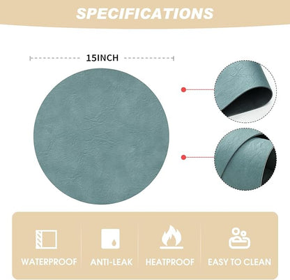 Artoid Mode Blue Faux Leather Placemats Set of 4, 15 Inch Waterproof Wipeable Heat Resistant Vinyl Place Mats, Reversible Table Mats for Winter Kitchen Dining Decor