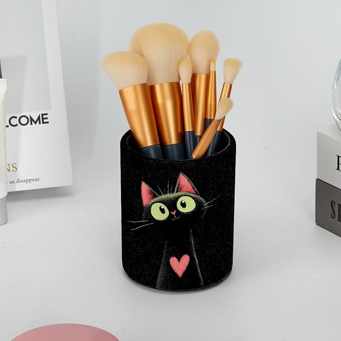 Leather Pen Holder for Desk, Cat Heart Pencil Cup Pen Organizer Makeup Brush - Image 6