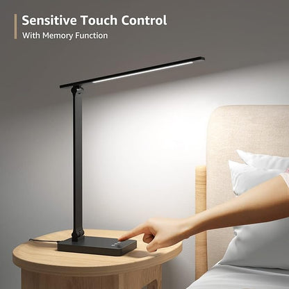 Lepro LED Desk Lamp with USB Charging Port,650LM Dimmable Home Office Touch Control Reading Table Lamp,5 Color Modes with 5 Brightness,College Dorm Room Essentials, Eye Caring, Sewing, Crafting, Black