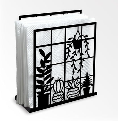 Potted Plant Decorative Black Metal Napkin Holder for Table, 4.9"x5.3"x1.9" Window Sill Hanging Basket Standing Napkin Holder for Home Kitchen Restaurant Picnic Party Coffee Bar Dining Room