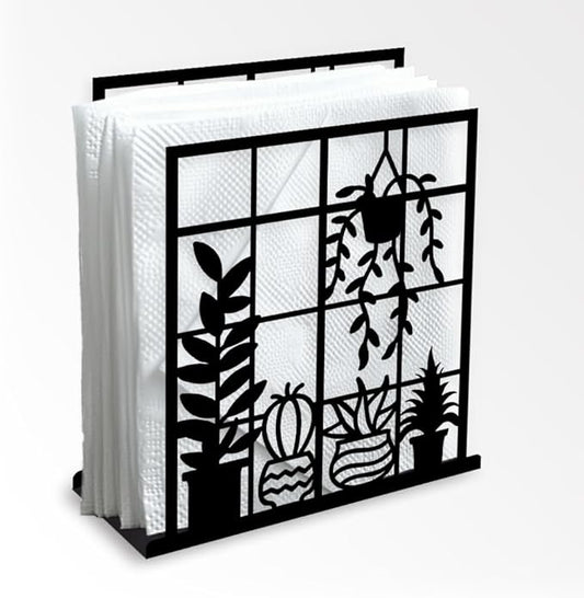 Potted Plant Decorative Black Metal Napkin Holder for Table, 4.9"x5.3"x1.9" Window Sill Hanging Basket Standing Napkin Holder for Home Kitchen Restaurant Picnic Party Coffee Bar Dining Room