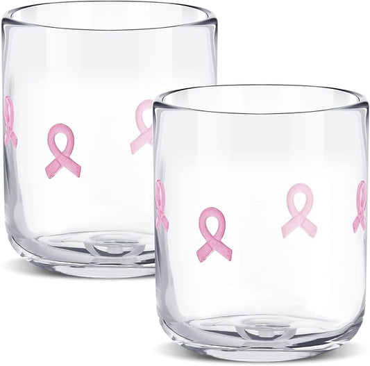 Icon Juice Glasses, 14oz Stemless Wine Drinking Juice Glass Cup for Valentine Party Supplies Gift(2 Pcs,Pink Cancer Ribbon)