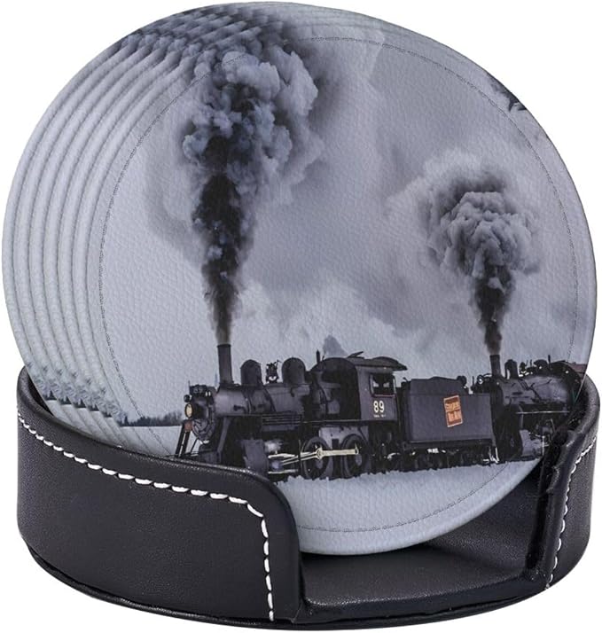 6 Pcs Winter Train Braving Smoke On Black Railroad Tracks Leather Coasters - Image 6