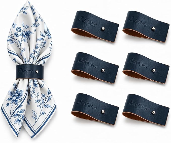 Navy Blue Napkin Rings Set of 6 – Elegant Leather Napkin Ring Holders, by Unknown
