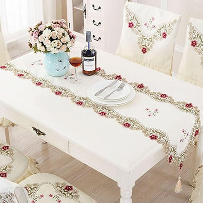 LeLehome 15 Inch X 96 Inch Table Runner, Classic Flowers Embroidered Lace Beige - Image 6