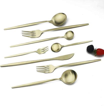 JASHII 32-Piece Tableware Set Stainless Steel Flatware Set with Coffee Spoon Long Handle Spoon Premium Cutlery Service for 4 Satin Finish Utensils for Home (Champagne gold)