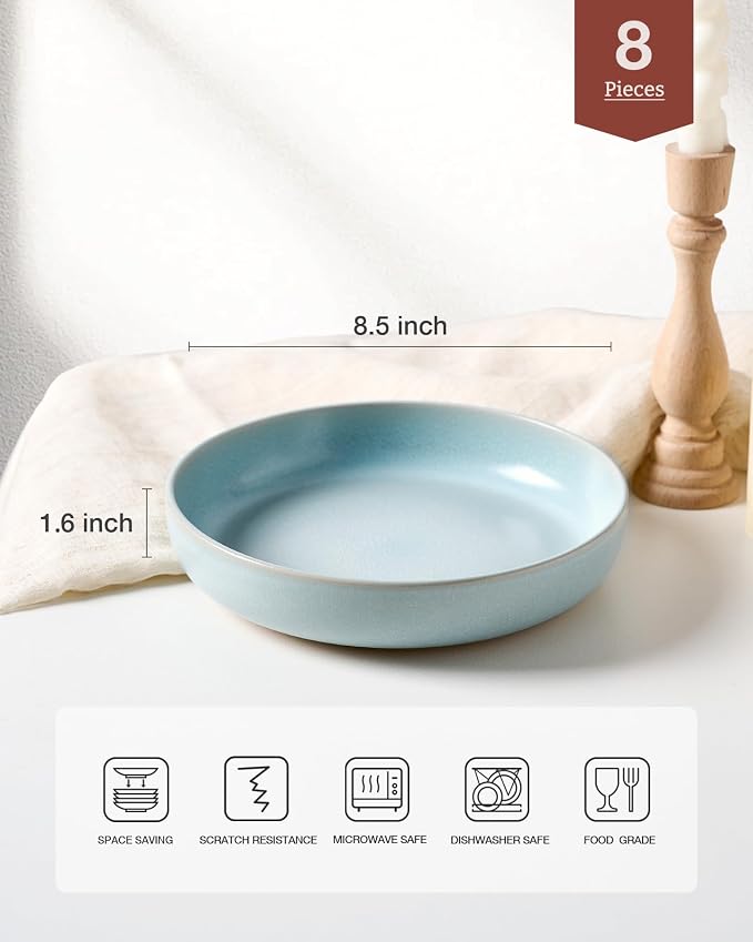 famiware Milkyway 33 oz Pasta Bowls Set of 8, Light Blue | Double Reactive Glaze - Image 7