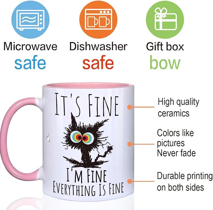 FALJIOK Pink Cat Funny Casual 11oz 0.33L Porcelain Reusable Cylinder Coffee Mug - Image 3