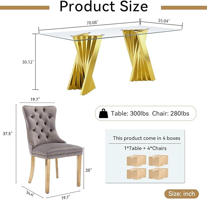 5 Piece Glass Dining Table Set,70" Dinner Room Glass Table Set for 4,Modern Kitchen Dinner Table Set with Stainless Steel Base and 4 Upholstered Velvet Dining Chairs for Living Dining Room