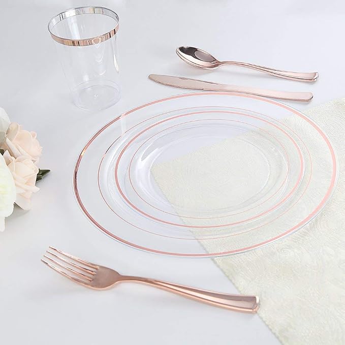 I00000 50 Pcs Rose Gold Plastic Plates, Disposable Party Set Include: 50 Clear - Image 4