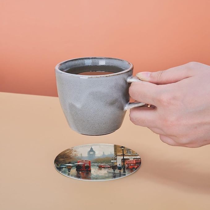 6Pcs PU Leather Coaster for Drinks, London Impression Cup Coasters - Image 5