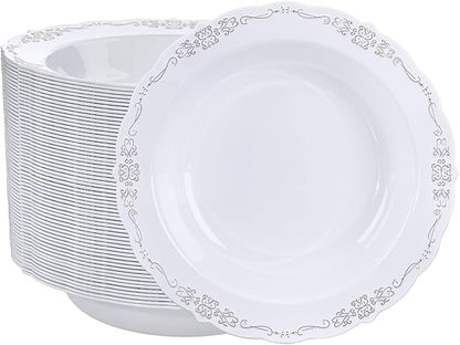DaYammi 50 Pack Plastic Bowls with Silver Rim, 12oz Disposable Soup Bowls,Silver bowls Disposable Heavy Duty Dinner Bowl for Wedding,Plastic Serving bowls for Parties,Dinners,Catering and Everyday Use