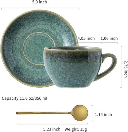Porcelain Coffee Cup with Saucer Spoon, Vintage Design Ceramic Latte Art - Image 3
