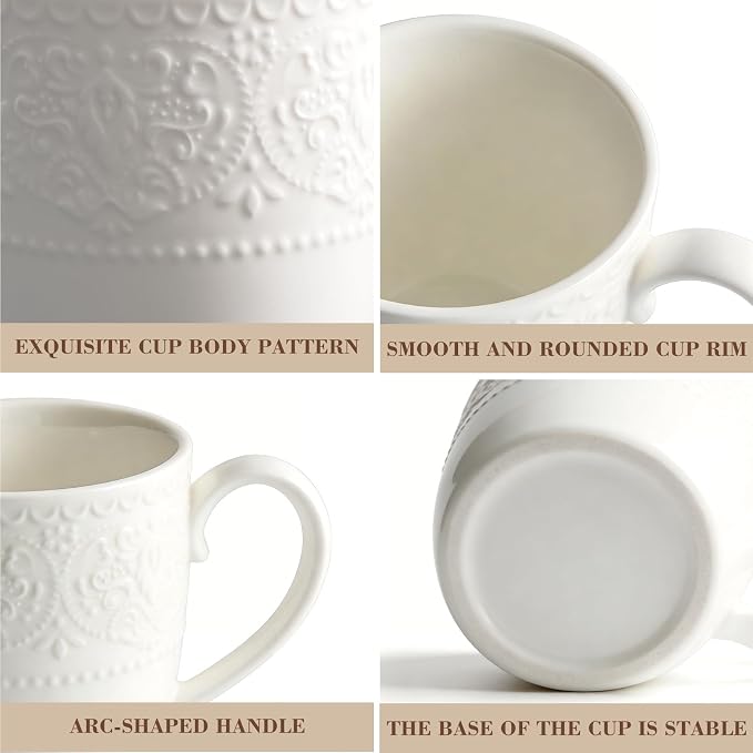 Porcelain Mug Set of 6, 12 oz White Coffee Cups | Relief sculpture bone design; - Image 3
