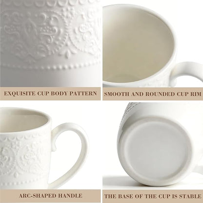Porcelain Mug Set of 6, 12 oz White Coffee Cups | Relief sculpture bone design; - Image 3