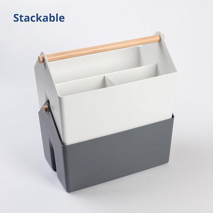 BLUE GINKGO Medium Storage Basket – Plastic Caddy with Wooden Handle for Office, Arts & Crafts, or Home Supplies (Gray)