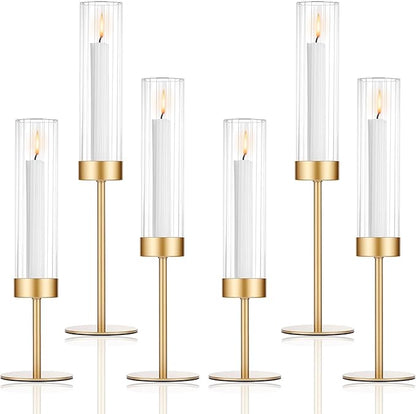 Tall Hurricane Candle Holders Set of 6, Gold Glass Taper Candlestick Holders for Wedding, Christmas, Dining Table, Party & Home Decor