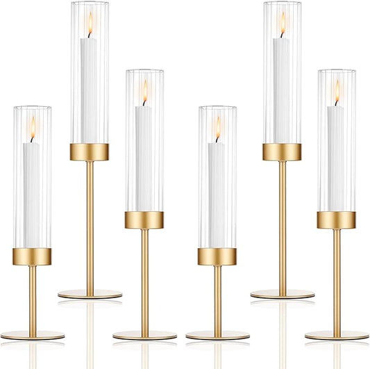 Tall Hurricane Candle Holders Set of 6, Gold Glass Taper Candlestick Holders for Wedding, Christmas, Dining Table, Party & Home Decor