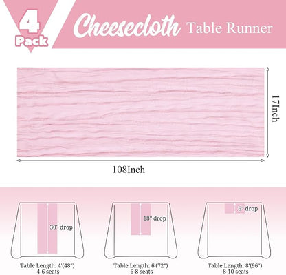 4 Pack Pink Table Runner 17 x 108inch Cheesecloth Table Runner Boho Gauze Table - Image 3