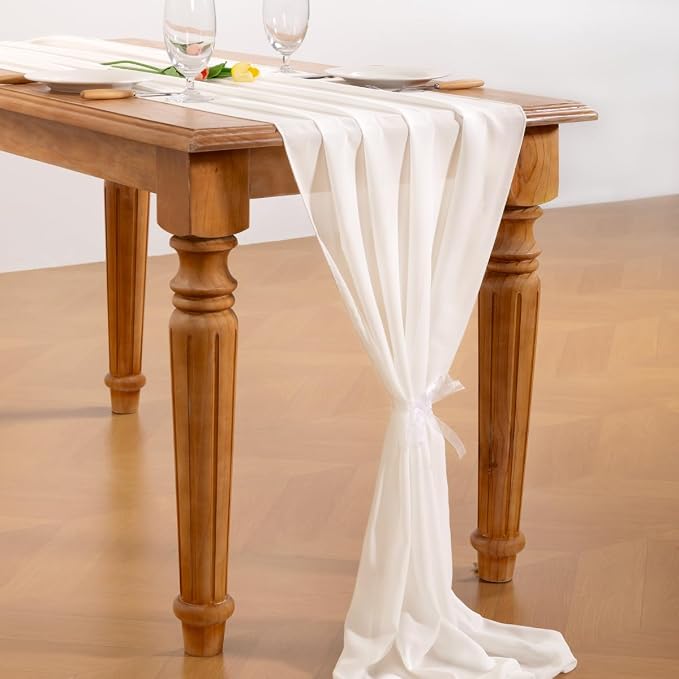 Ivory White Chiffon Table Runner Summer Boho Wedding Birthday Party Decor | - Image 4