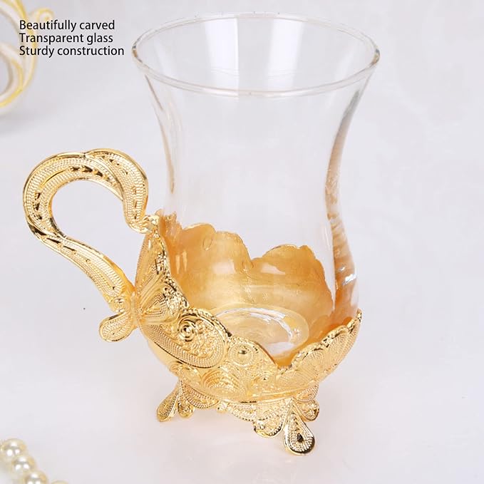 Pilipane Gold Coffee Cup and Saucer Set, Elegant European Carved Glass Teacup - Image 6