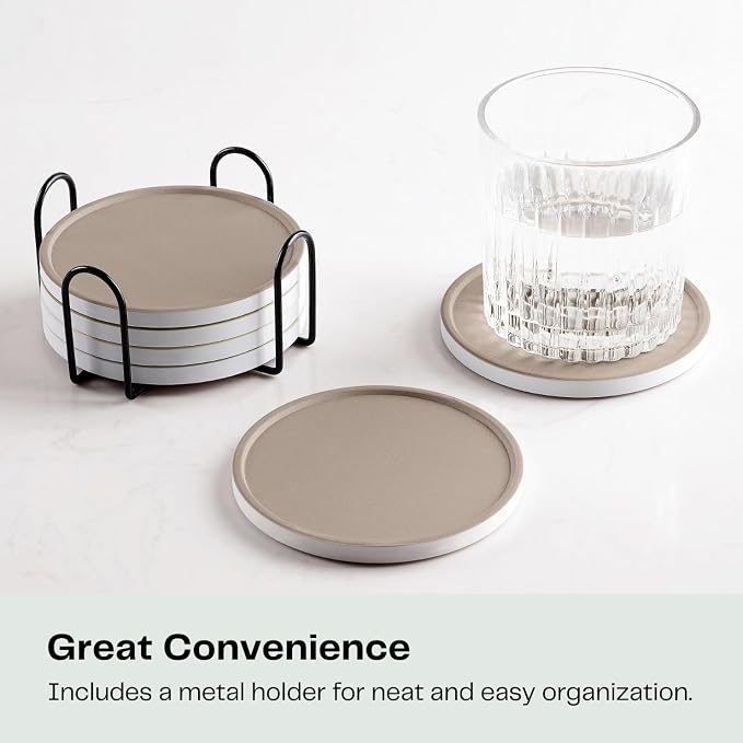 Set of 6 Taupe Coasters with Holder, Absorbent Ceramic Drink Coasters with Cork - Image 5