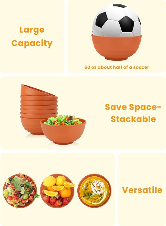 Large Bowl Set of 8, 60 oz Orange Wheat Straw Bowls, Unbreakable & Microwave - Image 5