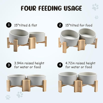 SPUNKYJUNKY 15° Slanted Ceramic Dog and Cat Bowl with Wooden Stand, Tilted Bulldog Food and Water Bowl No Slip Non-Spill for Cats Medium Dogs Big Face Pets 28.7 OZ (3.6 Cups, Grey × 2)