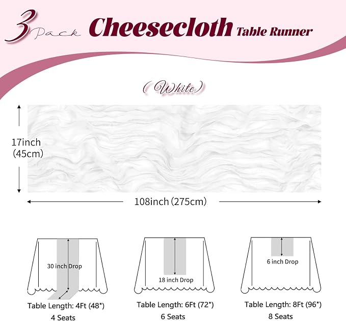 3 Pack White Cheesecloth Table Runner, 17 x 108 inch, Semi Sheer Boho Cheese - Image 3