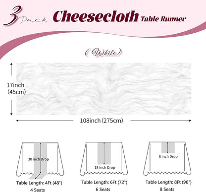 3 Pack White Cheesecloth Table Runner, 17 x 108 inch, Semi Sheer Boho Cheese - Image 3