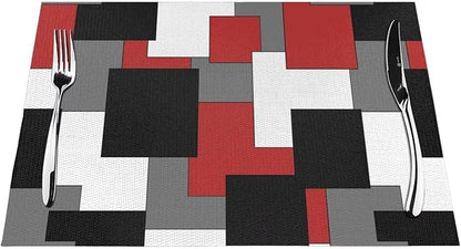 Red Black Grey White Placemats Set of 4 Abstract Modern Art Geometric Wipeable Table Mats Reusable Washable PVC Rectangle Place Mats for Kitchen Dining Home Decor 12x18 Inches