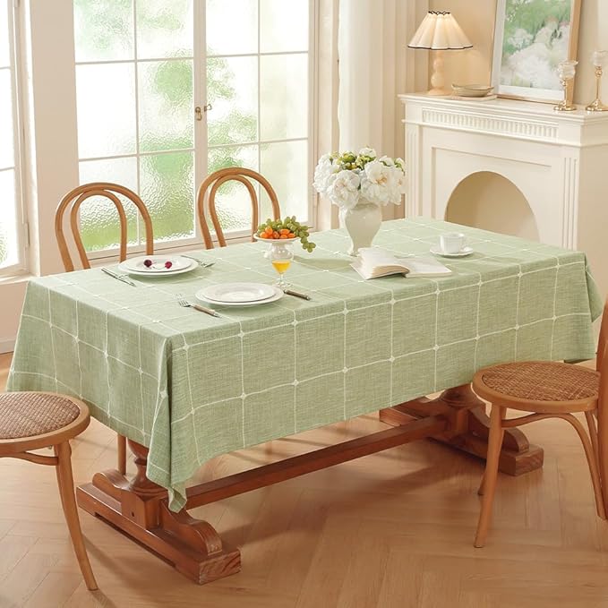 Zobesta Linen Green Table Cloth Checkered 86 x 53 Inch Linen Tablecloth Rectangle Tables, Farmhouse Soft Boho Tablecloth for Outdoor, Party, Holiday, Picnic, Dining