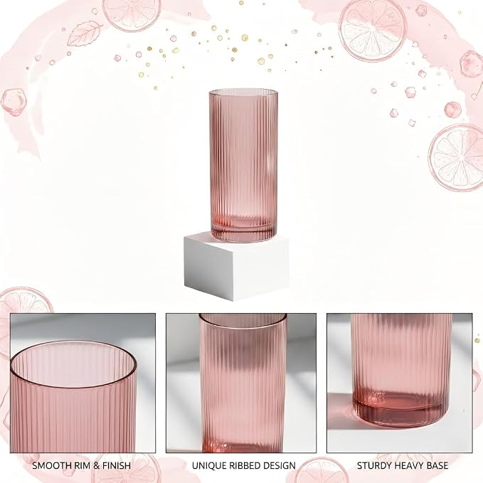 Physkoa Rose Red Ribbed Drinking Glasses Set of 6 – Vintage Embossed Highball - Image 3