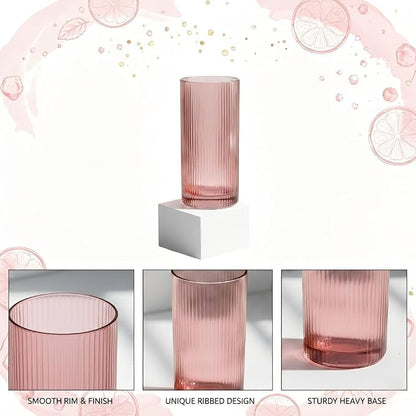 Physkoa Rose Red Ribbed Drinking Glasses Set of 6 – Vintage Embossed Highball - Image 3