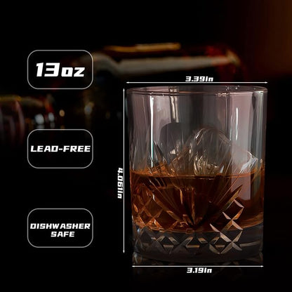 SHOSHIN Hand Cut Whiskey Glasses - Rocks Glasses Set 4- Old Fashioned glass 13Oz, Clear Crystal Whiskey Bourbon Glass, Handmade gifts Scotch Glass, Bar Glasses