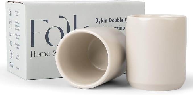 Folk Ceramics Dylan Cappuccino Cups, Fog Grey, 8oz | Double Walled Ceramic by FolkCeramics