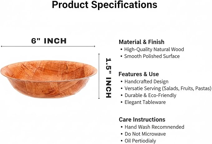 6-inch Wooden Serving Bowl, Set Of 6 | Round | Stackable | EZ To Wash | Great For Salads, Fruits, Snacks, And More [6PK]