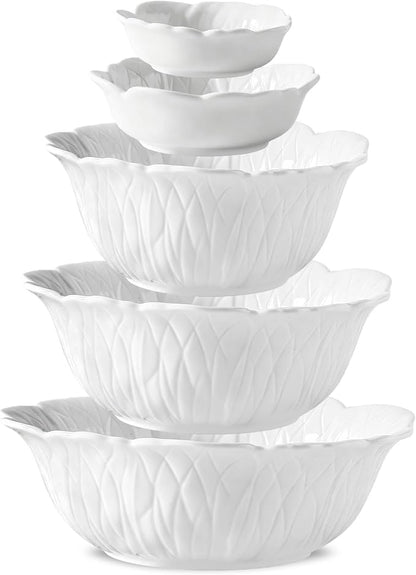 Porcelain Leaf Serving Bowls & Dishes Set – 5 Piece, 1-58 oz White Serving Bowls by Familywood