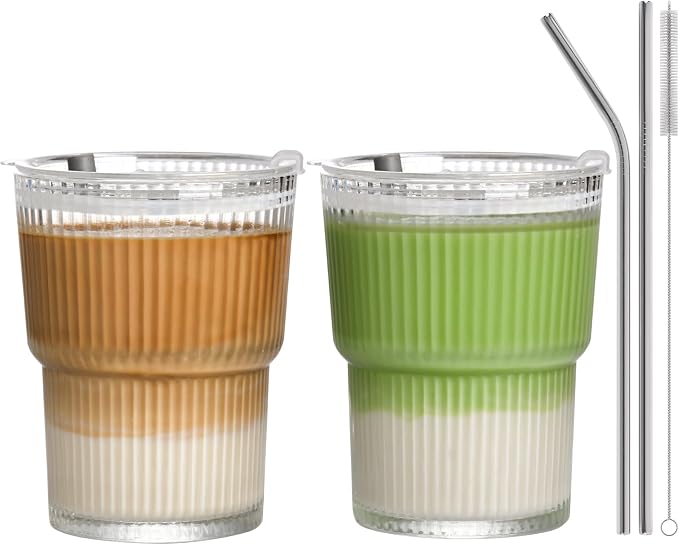 13oz Iced Coffee Cups, Reusable Tumbler Glass to Go Cup by AUFXKOO