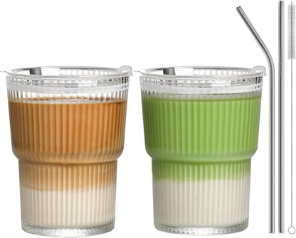 13oz Iced Coffee Cups, Reusable Tumbler Glass to Go Cup by AUFXKOO