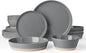 Famiware Saturn 16 Pieces Plates and Double Bowls Sets for 4, Stoneware Dinnerware Set with Pasta Bowl, Dish Set with Trim - Chip & Scratch Resistant, Microwave & Dishwasher Safe, Dark Gray