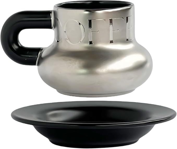 Volcanic Ash Titanium Finish Coffee Mug and Saucer Set | Modern Sculptural by Unknown