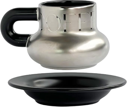 Volcanic Ash Titanium Finish Coffee Mug and Saucer Set | Modern Sculptural by Unknown