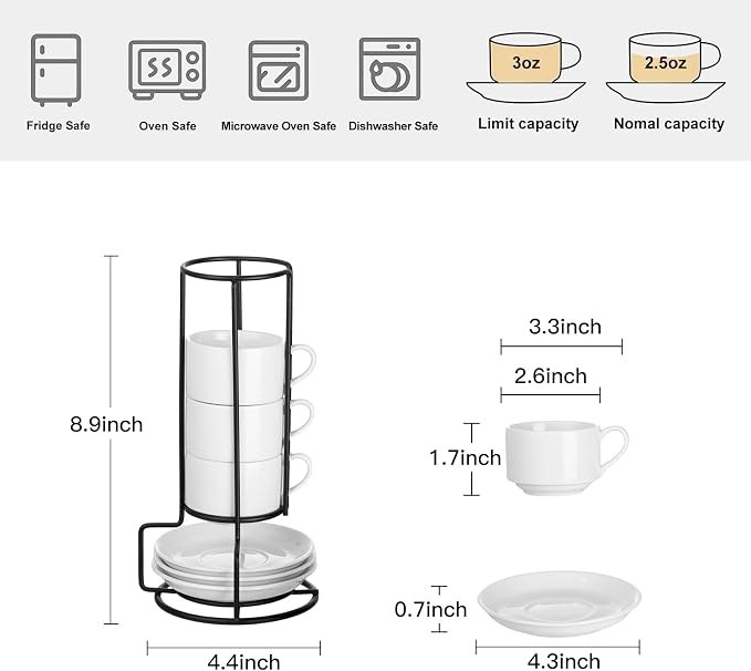 YOLIFE 2.5oz Espresso Cups, Stackable Espresso Cups Set of 4 | Porcelain - Image 2